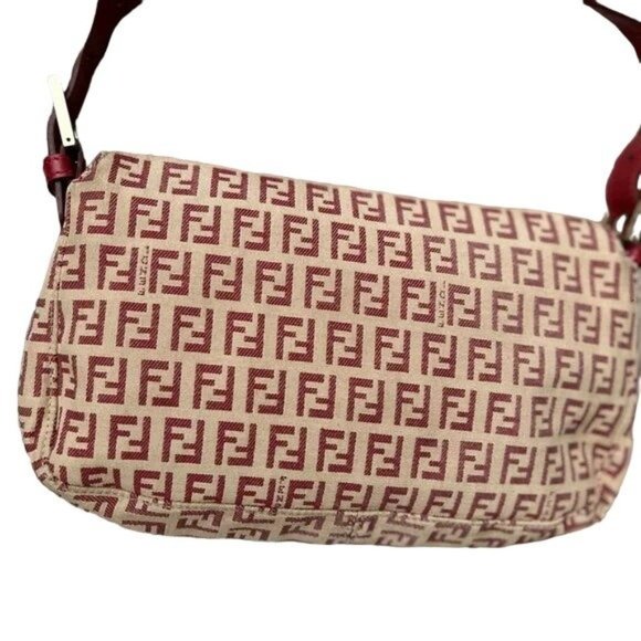 Fendi red Zucchino print baguette bag w chrome FF clasp - Picture 5 of 16